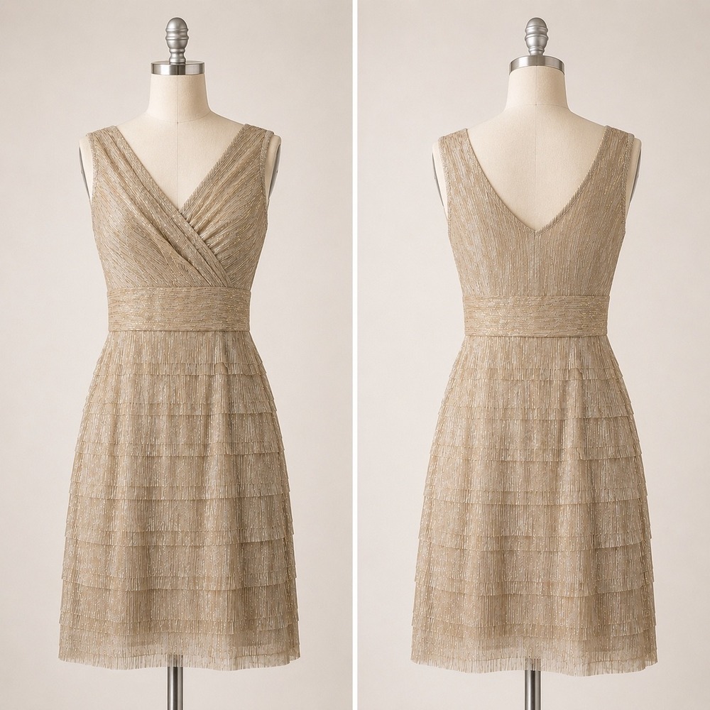 Julia Jordan Cocktail Dress 6 Gold Metallic Tiered V-Neck Sleeveless Shimmer